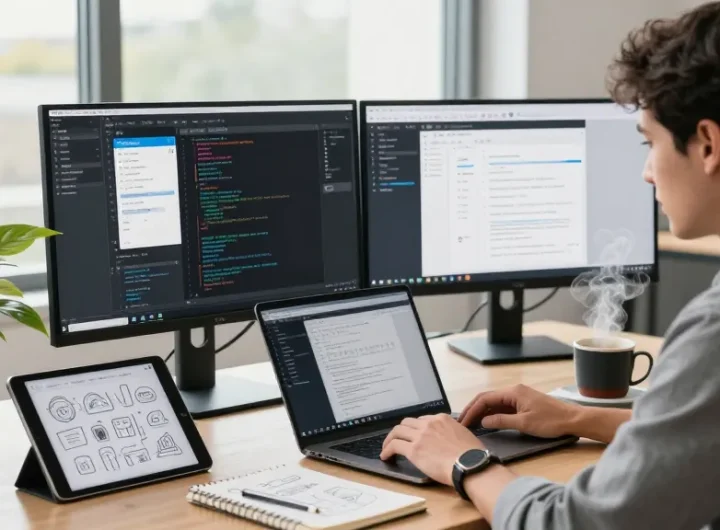 Efficient workspace with developer using snipaste下载 and displaying coding interface on dual monitors