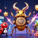 Casino en ligne : combat captivant entre un scarabée doré et un cormoran autour de machines colorées.