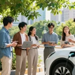 Portable ev charger supplier showcased in vibrant community outdoor charging scene with professionals discussing EV solutions.