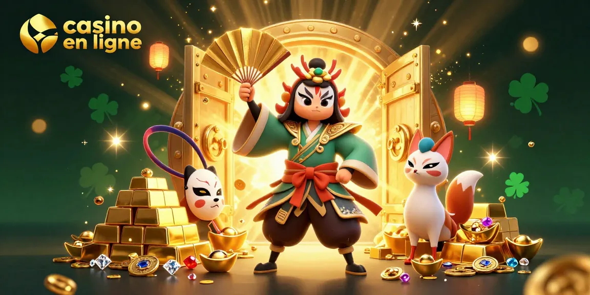 Vivez l'excitation du casino en ligne avec kabuki et kitsune entourés de richesses scintillantes.
