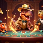 Casino en ligne : un velociraptor aux tables de blackjack avec un boss attentive, une scène ludique dynamique.