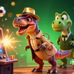 Toto Slot game showcased in a vibrant casino scene with animated characters engaging in slots.