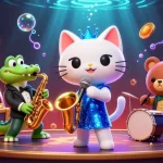Illustrez l'expérience de jeu au casino en ligne avec une scène dynamique regroupant des personnages animés et des éléments de jeux captivants.