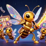 Découvrez les jeux de casino en ligne avec un énorme frelon samouraï en action, entouré de pièces cryptographiques.