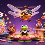Illustration d'un casino en ligne avec un pilote d'hélicoptère et un croupier grenouille.