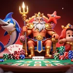 LUCKY77 gaming scene showcasing Neptune and poker elements in a vibrant 3D illustration.