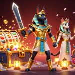 Experience the thrill of slot2k with Anubis and Bastet surrounded by vibrant casino elements.