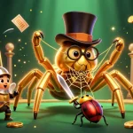 Une illustration dynamique de casino en ligne avec une tarentule dorée, un chevalier scarabée et des éléments de jeu captivants.
