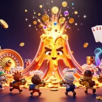 Gagnez au casino en ligne avec cette illustration dynamique illustrant un volcan doré déversant des trésors.