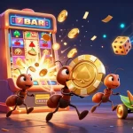 Les fourmis volent un jeton de poker géant dans un tunnel dans un casino en ligne