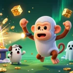 Le crypto casino animé par un singe poltergeist et un chiot chasseur de fantômes, dans un décor dynamique rempli de pièces d'or.