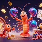 Illustration de casino en ligne dynamique avec une crevette mante, un compagnon et des éléments de jeux.