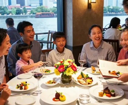 Dining scene featuring ROKOK88 recommended dishes at River City Restaurant, showcasing a joyful family meal.