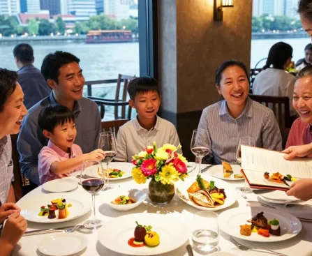 Dining scene featuring ROKOK88 recommended dishes at River City Restaurant, showcasing a joyful family meal.
