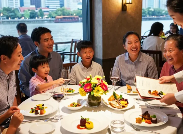 Dining scene featuring ROKOK88 recommended dishes at River City Restaurant, showcasing a joyful family meal.