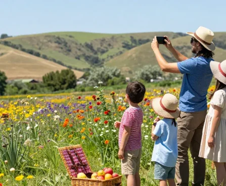 Experience the beauty of Capay Valley Garden Tour at https://www.thecapayvalleygardentour.com with a family amidst blooming flowers.