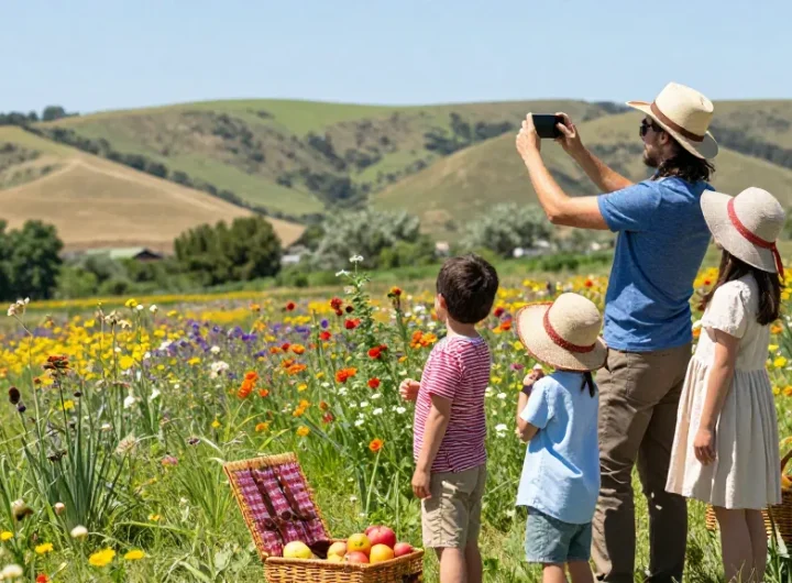 Experience the beauty of Capay Valley Garden Tour at https://www.thecapayvalleygardentour.com with a family amidst blooming flowers.