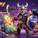 カジノアプリでのスロットゲームを楽しむヴァイキングの戦士、ドラゴン、カラスのイラスト。