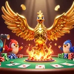 Gagner avec le casino en ligne : illustration d'une scène animée avec un phénix doré et des éléments de poker.