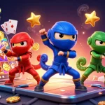 Les chameleons ninjas s'affrontent dans un casino en ligne, avec des jeux et des gains tout autour.