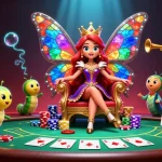 Illustration d'une reine papillon et jeux de casino en ligne avec des éléments colorés et dynamiques.