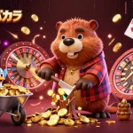 オンラインバカラで金貨を集めるキャラクターたちのカジノシーン