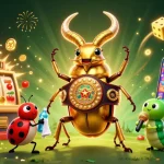 Un combat palpitant au casino en ligne avec un scarabée géant et des éléments de jeu colorés.