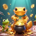 オンラインカジノ ルーレットを中心にしたルーレット、カードゲーム、コインが鮮やかに動くシーン