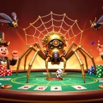 Illustration 3D d'un nouveau casino en ligne avec une araignée steampunk et des dés piégés.