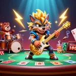 Jouer au casino en ligne avec une ambiance énergique de rock et un loup guitariste.