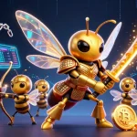 Découvrez le casino en ligne avec ces personnages dynamiques et des pièces de cryptomonnaie rayonnantes.