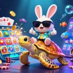 Illustration colorée de casino en ligne avec un lapin chanceux et une tortue dorée parmi des éléments de jeu.