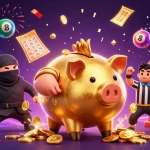 Engage with bandar togel as the golden piggy bank sumo wrestler triumphantly celebrates with vibrant lottery elements.
