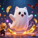 Scène dynamique dans un casino en ligne avec un chat fantôme flottant, une chauve-souris vampire, et des jack-o-lanterns lumineuses.