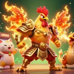 Experience the excitement of bigpot88 with a vibrant scene featuring a rooster warrior and a dragon hatchling amid casino-themed game elements.