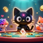 Les jeux de casino en ligne avec un chat noir trou noir attirant des jetons d'or et des cartes.